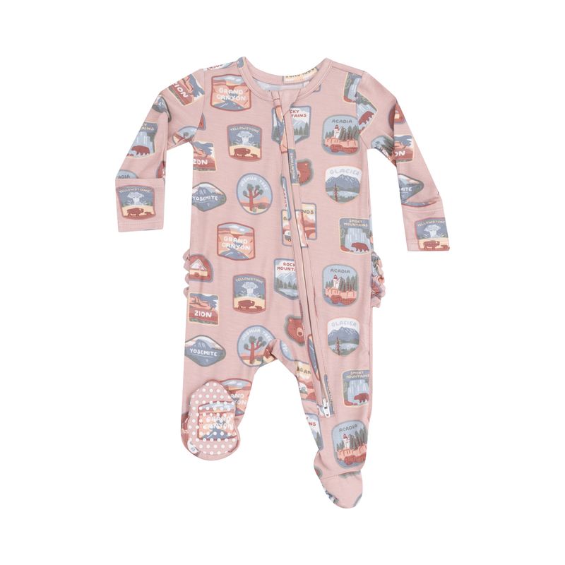 Angel Dear 2 Way Zipper Ruffle Back Footie National Park Patches Pink