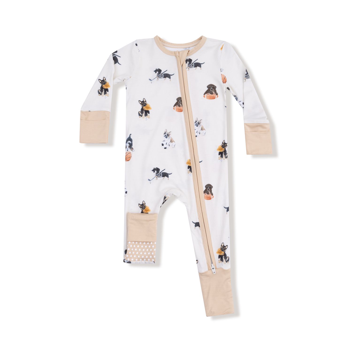 Sporty Puppies - 2 Way Zipper Romper, Color: IVORY/ TAN, Size: 0-3M