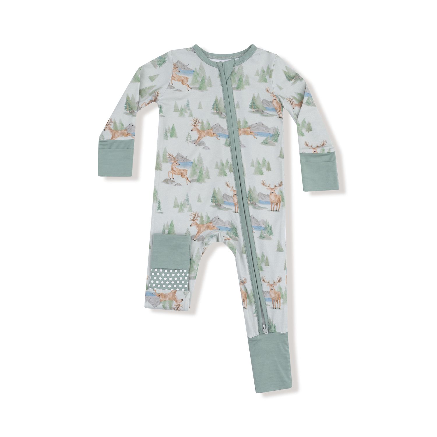Buck Deer - 2 Way Zipper Romper, Color: LIGHT GREEN/DARK GREEN, Size: 6-12M