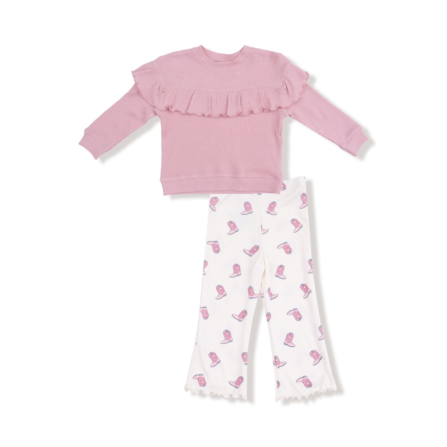 Petite Cowgirl Boots - V- Ruffle Waffle Top and Rib Flare Pant, Size: 6-12M, Color: IVORY/PINK
