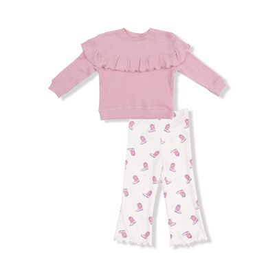 Petite Cowgirl Boots - V- Ruffle Waffle Top and Rib Flare Pant