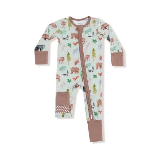 American Woodland Animals - 2 Way Zipper Romper, Color: LIGHT GREEN/BROWN, Size: 0-3M