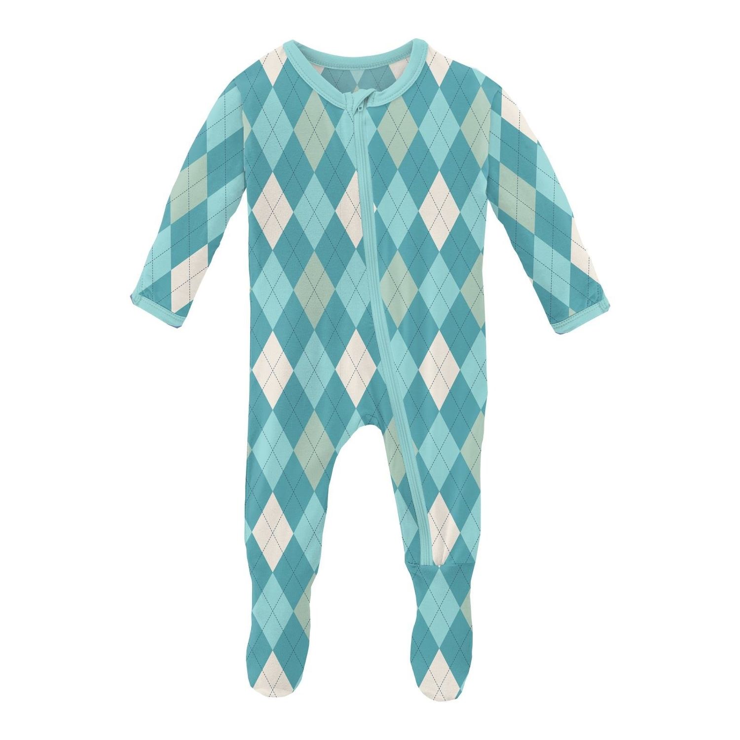 Kickee Pants Print Footie Zip, Color: Glacier Argyle, Size: 3-6
