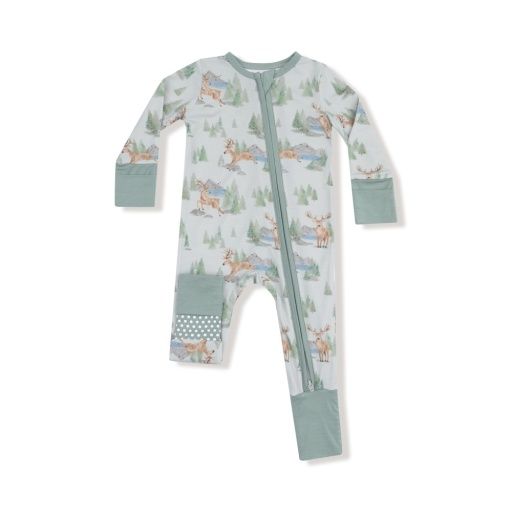 Buck Deer - 2 Way Zipper Romper, Color: LIGHT GREEN/DARK GREEN, Size: 6-12M