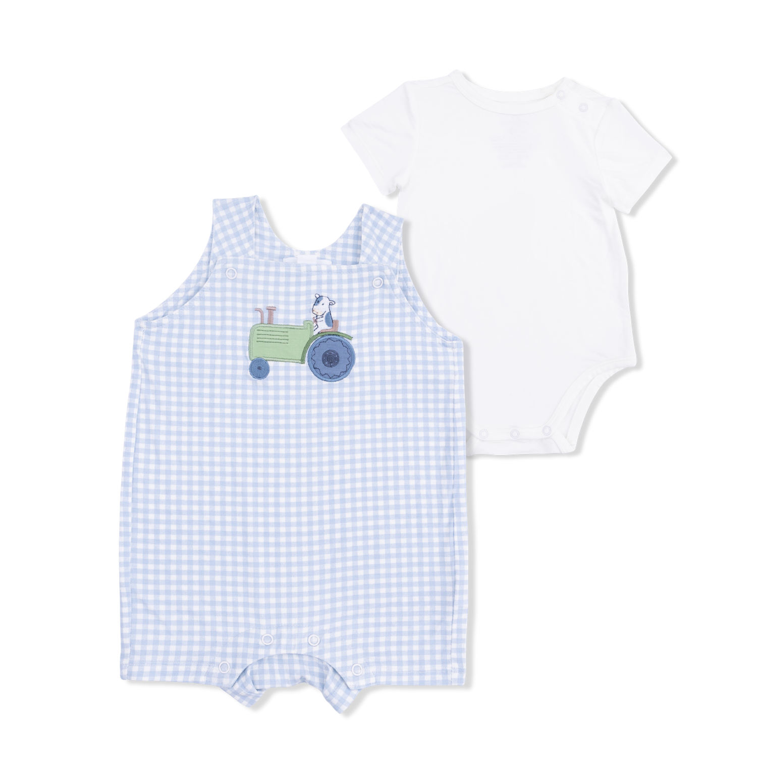 Cute Farm Animals Applique  - Overall Shortie with Short Sleeve Bodysuit, Color: BLUE, Size: 0-3M