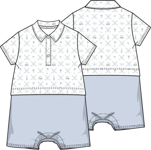 Golf Trellis Blue - Short Playsuit, Color: WHITE, BLUE, Size: 3-6M
