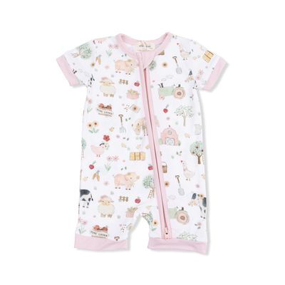 Angel Dear Cute Farm Animals Pink - Shortie 2 Way Zipper Romper