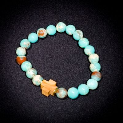 ISRAELI OLIVE WOOD GREEN MARBLE BEAD BRACELET