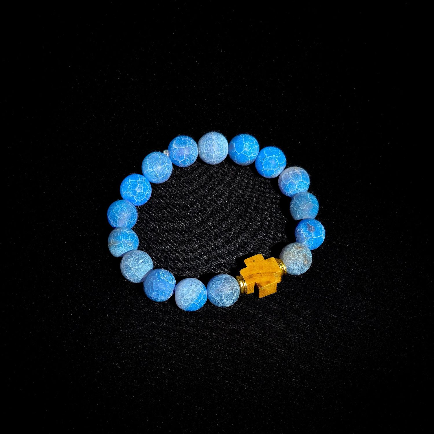 ISRAELI OLIVE WOOD BLUE CRACKLE AGATE BEAD BRACELET