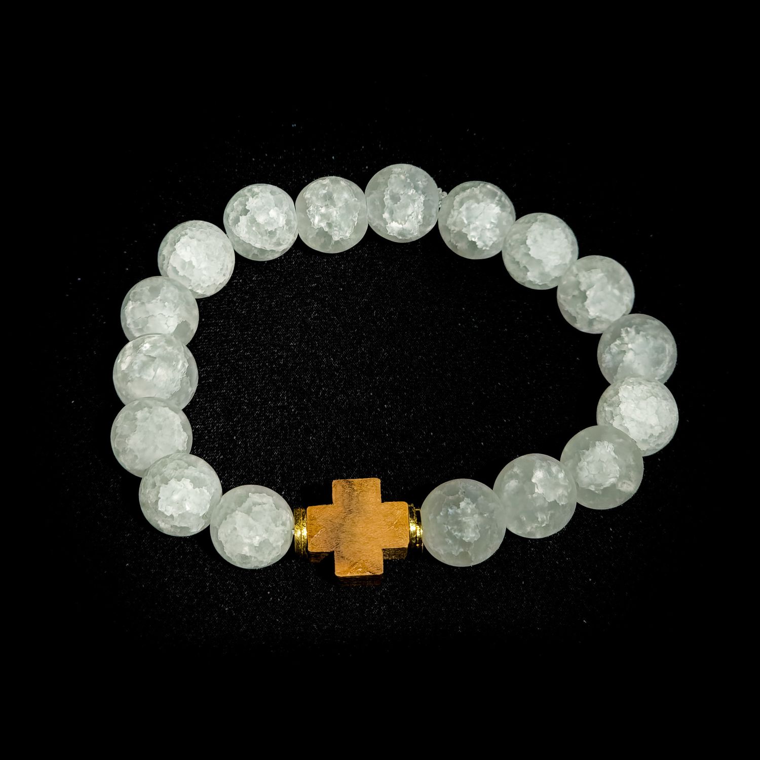 ISRAELI OLIVE WOOD WHITE MARBLE QUARTZ BEAD BRACELET