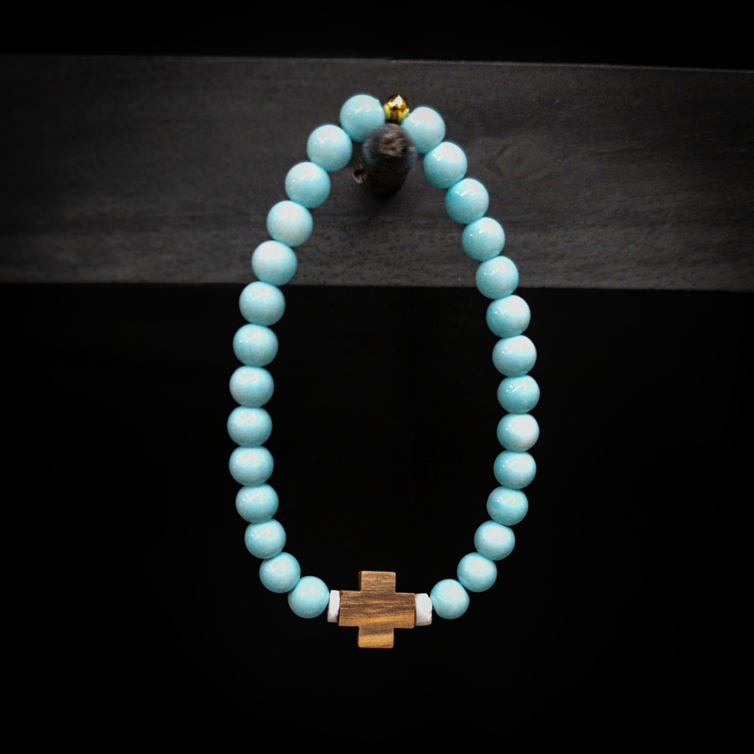 ISRAELI OLIVE WOOD LIGHT TURQUOISE BEAD BRACELET