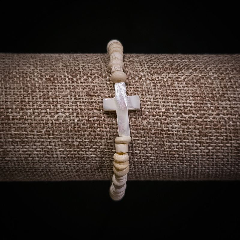 MOTHER OF PEARL CROSS MINI BONE BEAD BRACELET MOTHER OF PEARL CROSS MINI BONE BEAD BRACELET