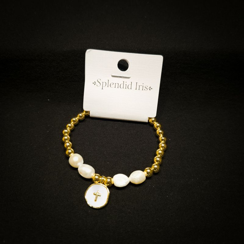 CROSS + PEARLS STRETCH CHARM BRACELET GOLD
