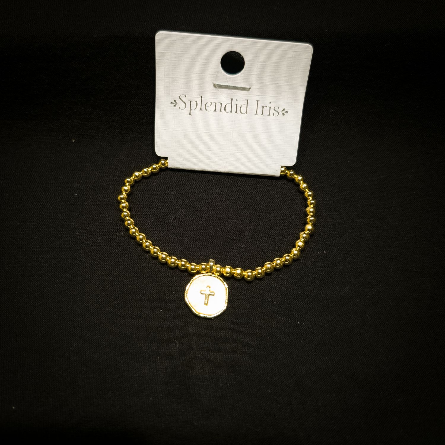 CROSS ACCENTED SHELL CHARM STRETCH BRACELET