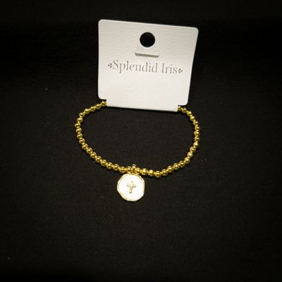 CROSS ACCENTED SHELL CHARM STRETCH BRACELET