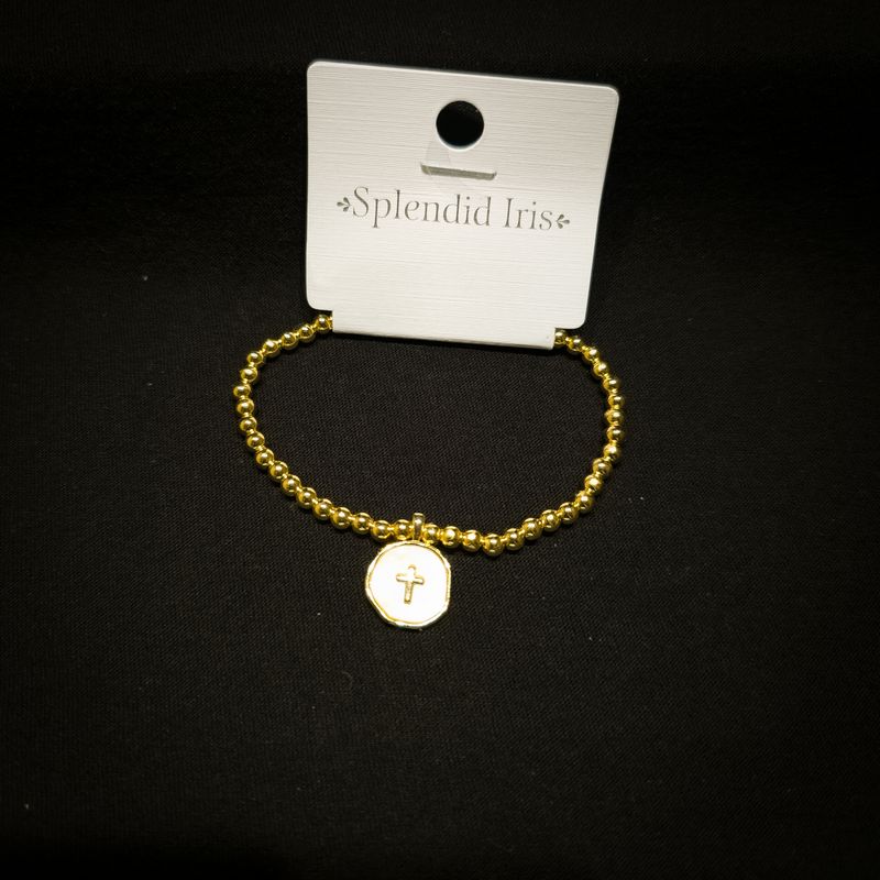 CROSS ACCENTED SHELL CHARM STRETCH BRACELET