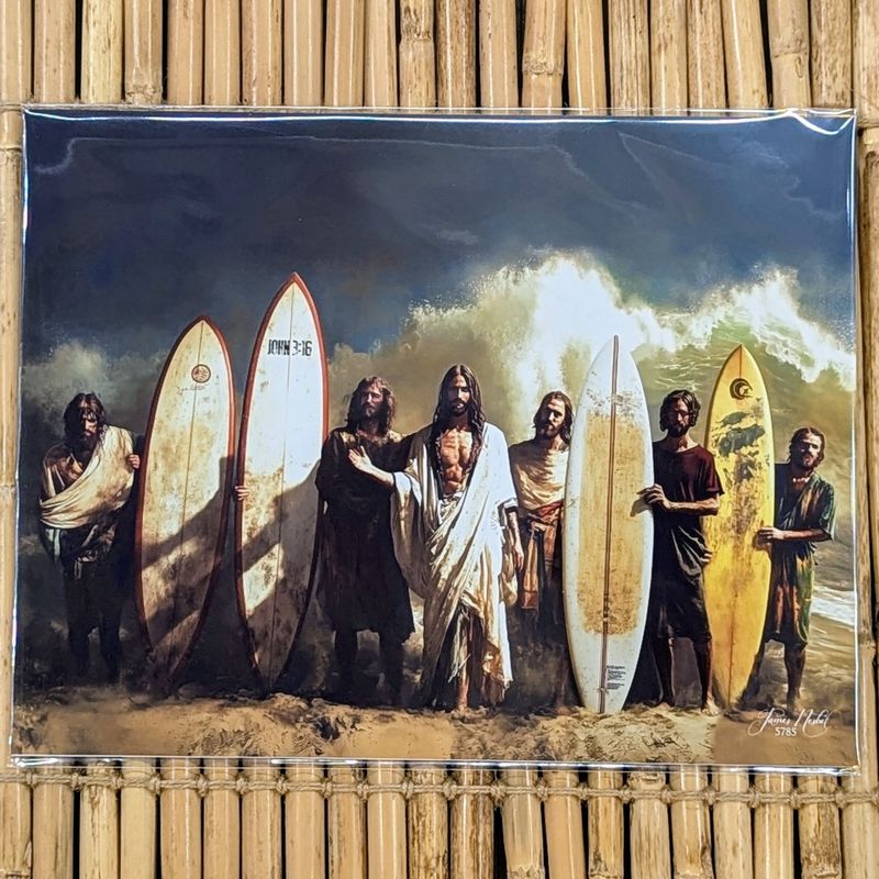 JESUS WITH DISCIPLES & SURFBOARDS ART