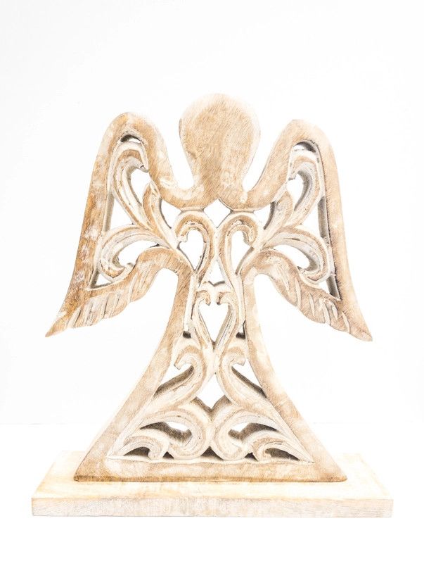ANGEL HAND CARVED WHITEWASHED MANGO WOOD