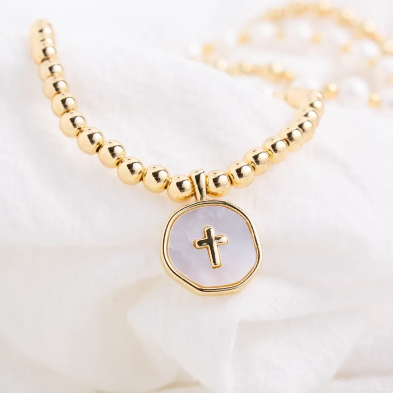 CROSS ACCENTED SHELL CHARM STRETCH BRACELET B3321-G