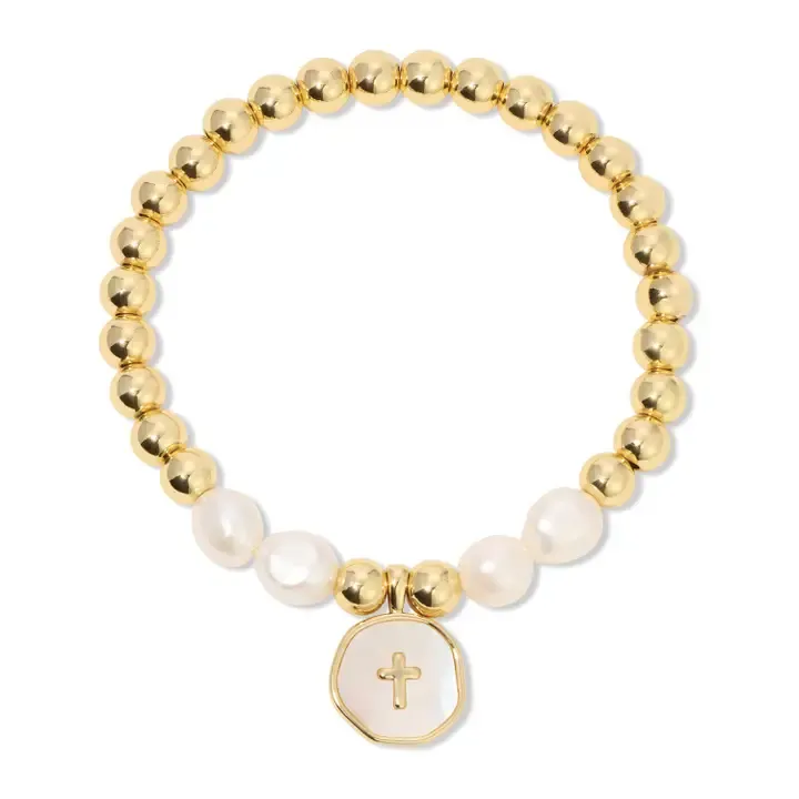 CROSS + PEARLS STRETCH CHARM BRACELET GOLD B3372-G
