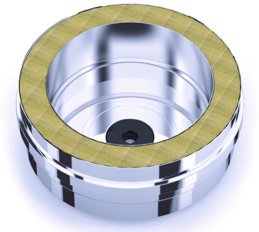 Dubbelwandig geïsoleerd T-Stuk met dop.
Binnendiameter 100mm/buitendiameter 150mm.