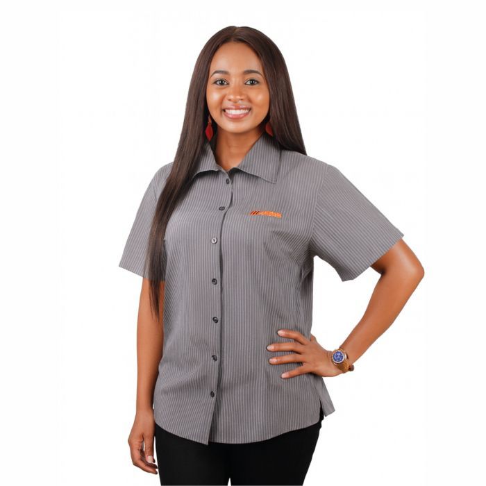 Ladies Charcoal Pinstripe Lounge Shirt Short Sleeve