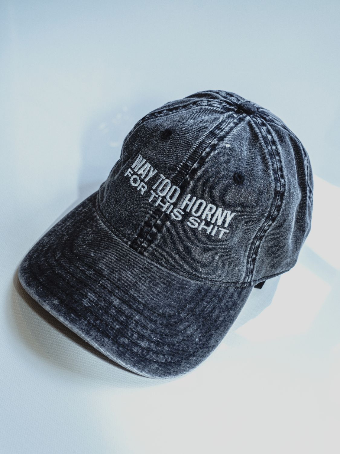 WAY TOO HORNY Embroidered Black Vintage Cotton Twill Cap