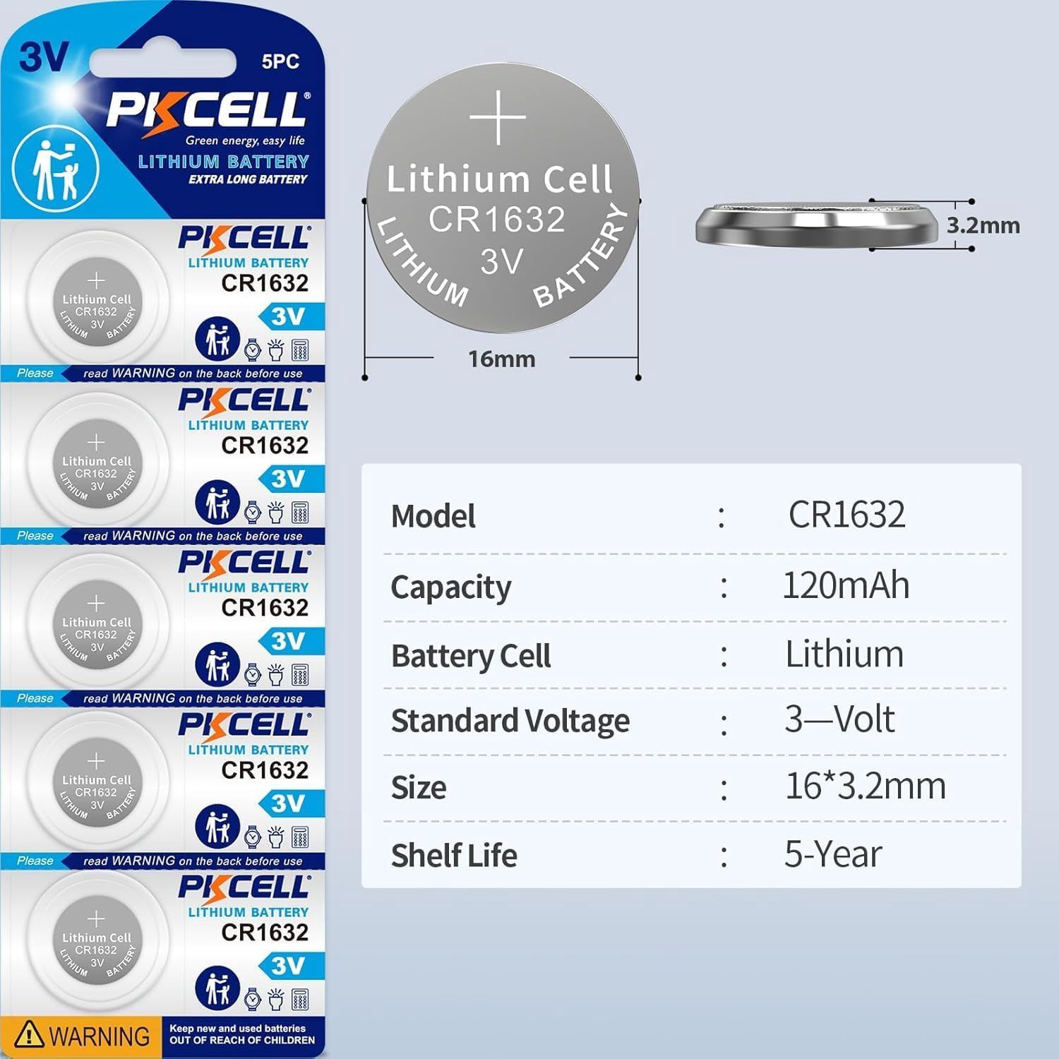 CR1632 LITHIUM BATTERY 5 PC
