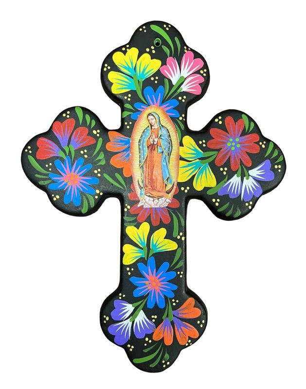 MEXICAN TALAVERA CERAMIC CROSS VIRGIN GUADALUPE HANGING WALL ART
