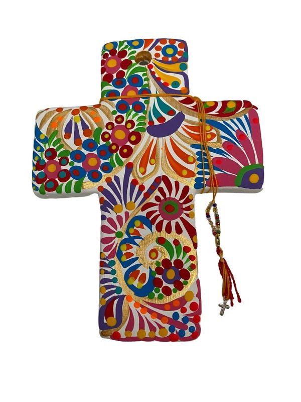 MEXICAN TALAVERA CERAMIC CROSS HANGING WALL ART