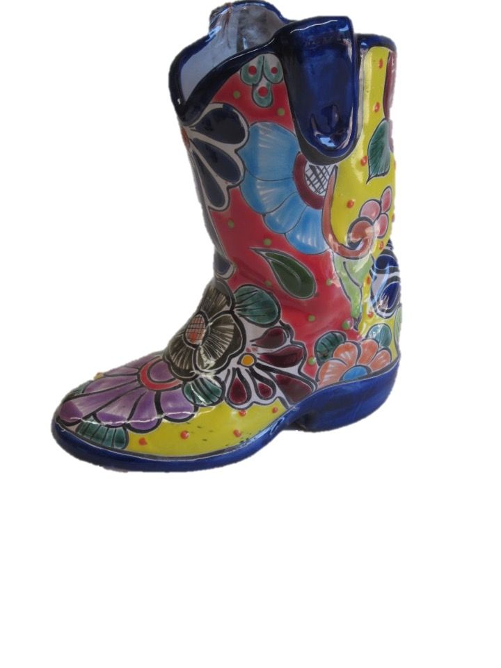 MEXICAN TALAVERA CERAMIC COWBOY BOOT VASE PLANTER POT - SMALL