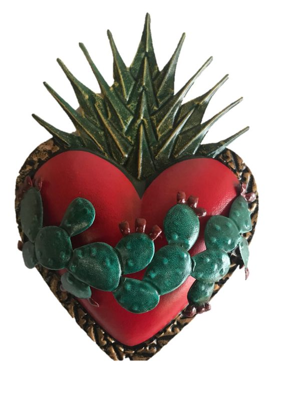 TIN RED HEART WITH CACTUS CROWN & THORNS HANGING WALL ART