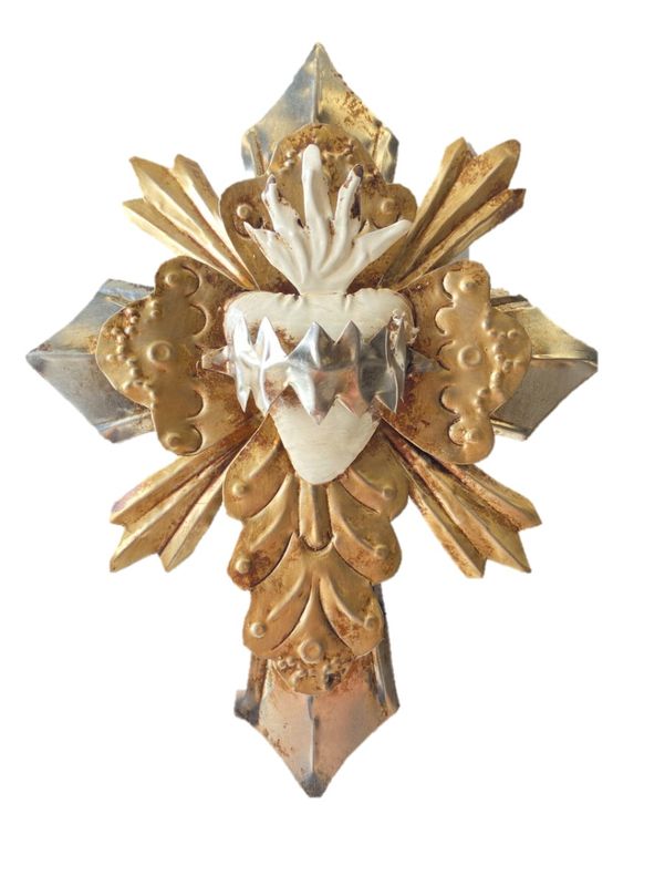 TIN CROSS 3D WITH GOLD & BEIGE HEART HANGING WALL ART 