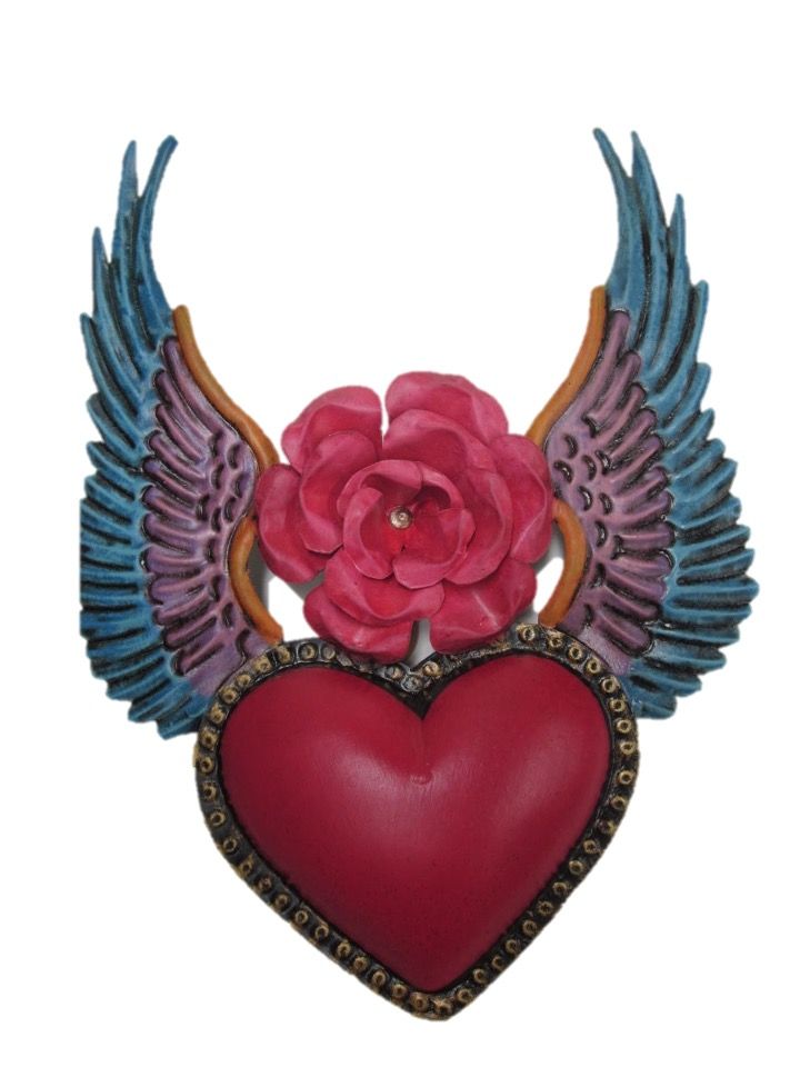 TIN HEART WITH WINGS & ROSE HANGING WALL ART