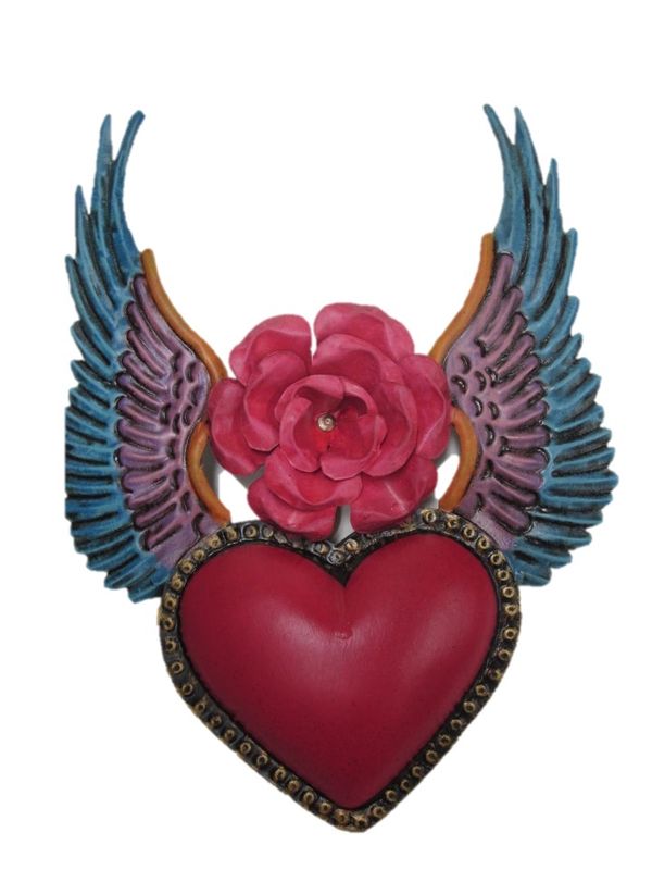 TIN HEART WITH WINGS & ROSE HANGING WALL ART