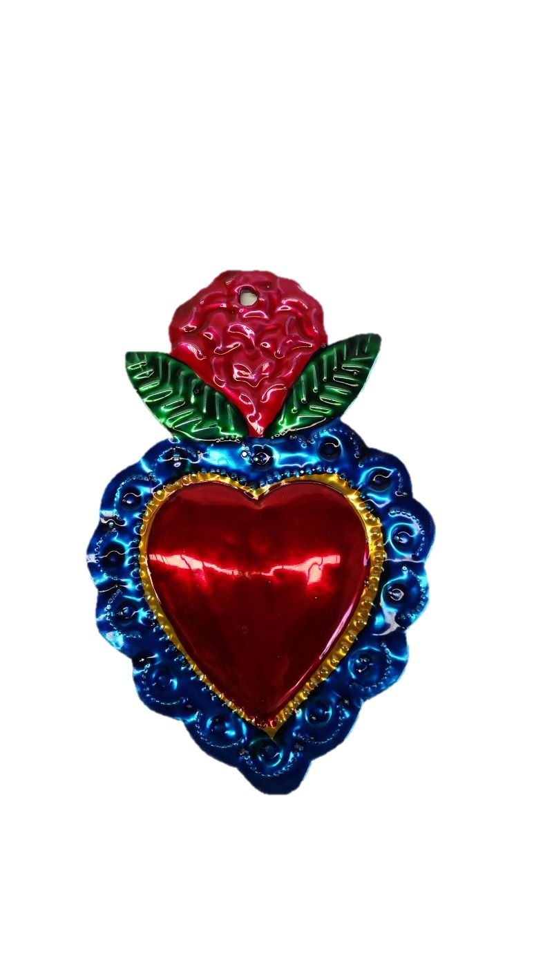 TIN HEART WITH FLOWER HANGING WALL ART - SMALL