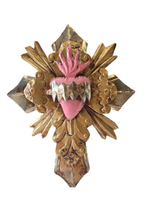 TIN CROSS 3D WITH GOLD & PINK HEART HANGING WALL ART 