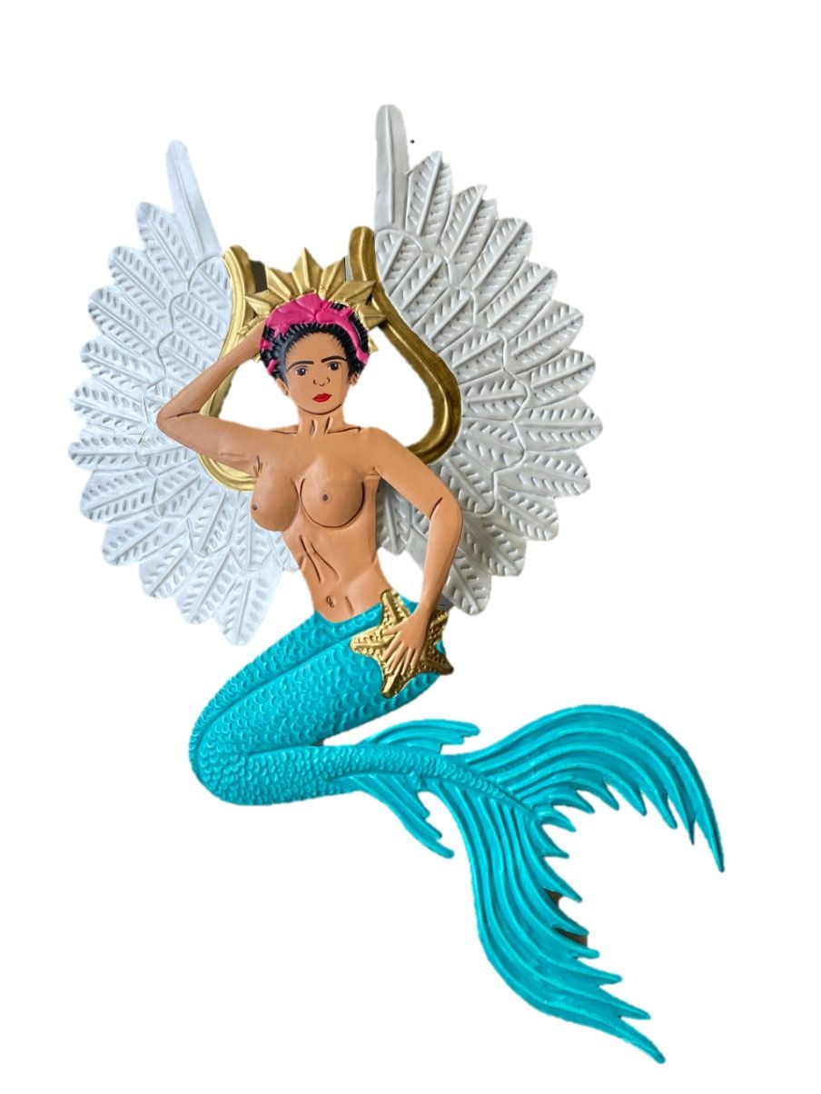 TIN FRIDA KAHLO TURQUOISE MERMAID WITH STAR & WINGS HANGING WALL ART