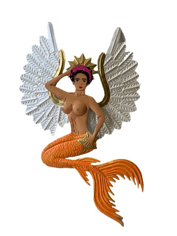 TIN FRIDA KAHLO ORANGE MERMAID WITH STAR & WINGS HANGING WALL ART