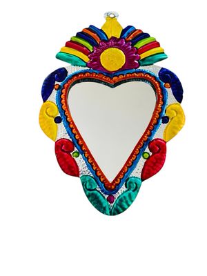 TIN HEART MIRROR RAINBOW HANGING WALL ART 