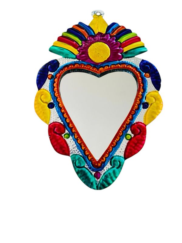 TIN HEART MIRROR RAINBOW HANGING WALL ART 