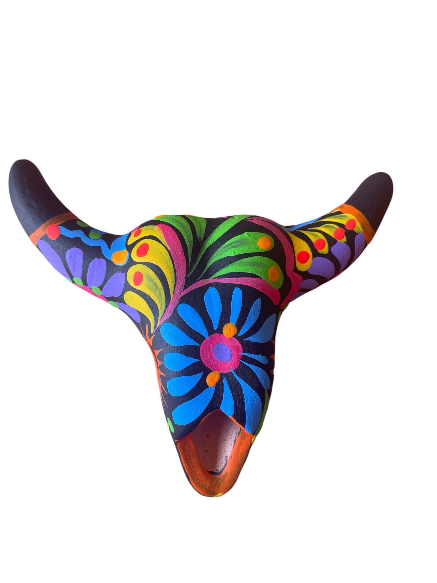 MEXICAN TALAVERA CERAMIC BLACK BULL HEAD HANGING WALL ART - WHITE - SMALL