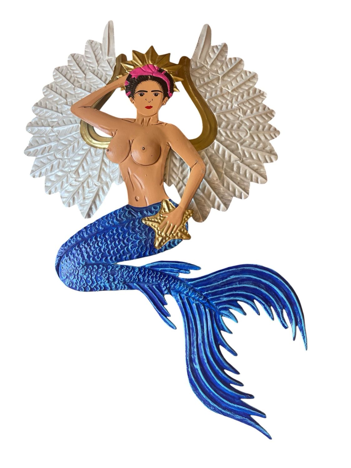 TIN FRIDA KAHLO BLUE MERMAID W/STAR & WINGS HANGING WALL ART