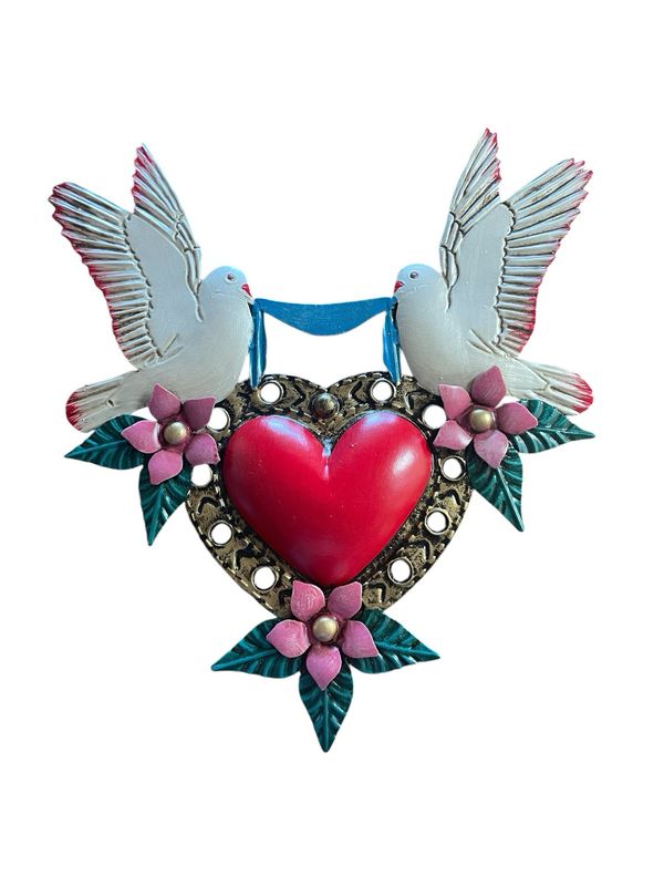 TIN HEART WITH DOVES & FLOWERS HANGING WALL ART