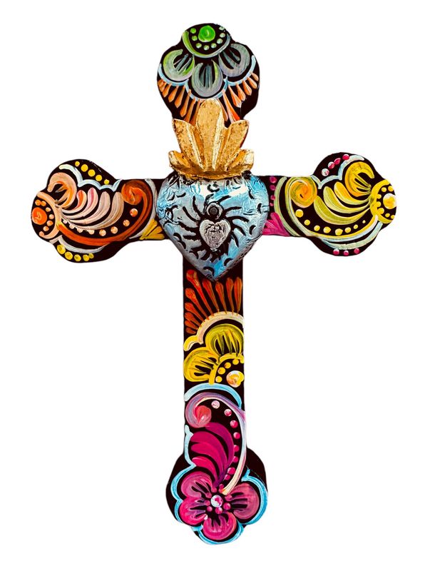 MEXICAN WOODEN CROSS WTIH RAISED TIN HEART UNIQUE HAND PAINTED - MEDIUM