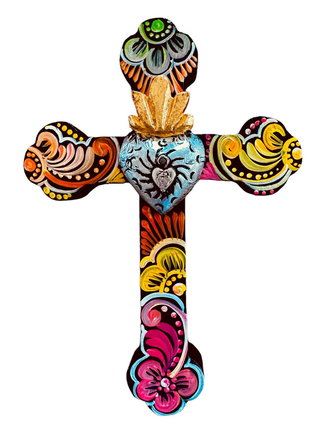 MEXICAN WOODEN CROSS WTIH RAISED TIN HEART UNIQUE HAND PAINTED - MEDIUM