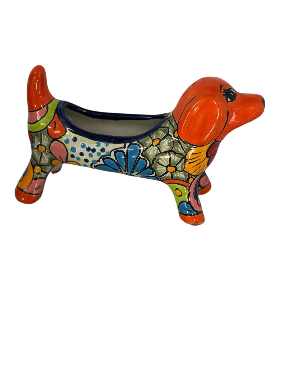 MEXICAN TALAVERA CERAMIC SAUSAGE DOG PLANTER POT