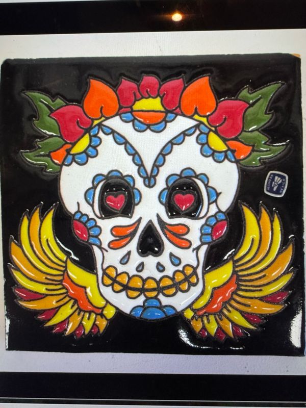 Tile. Day Of The Dead Skull W/wings 15cm X 15cm W/base Tile. Day Of The Dead Skull W/wings 15cm X 15cm W/base