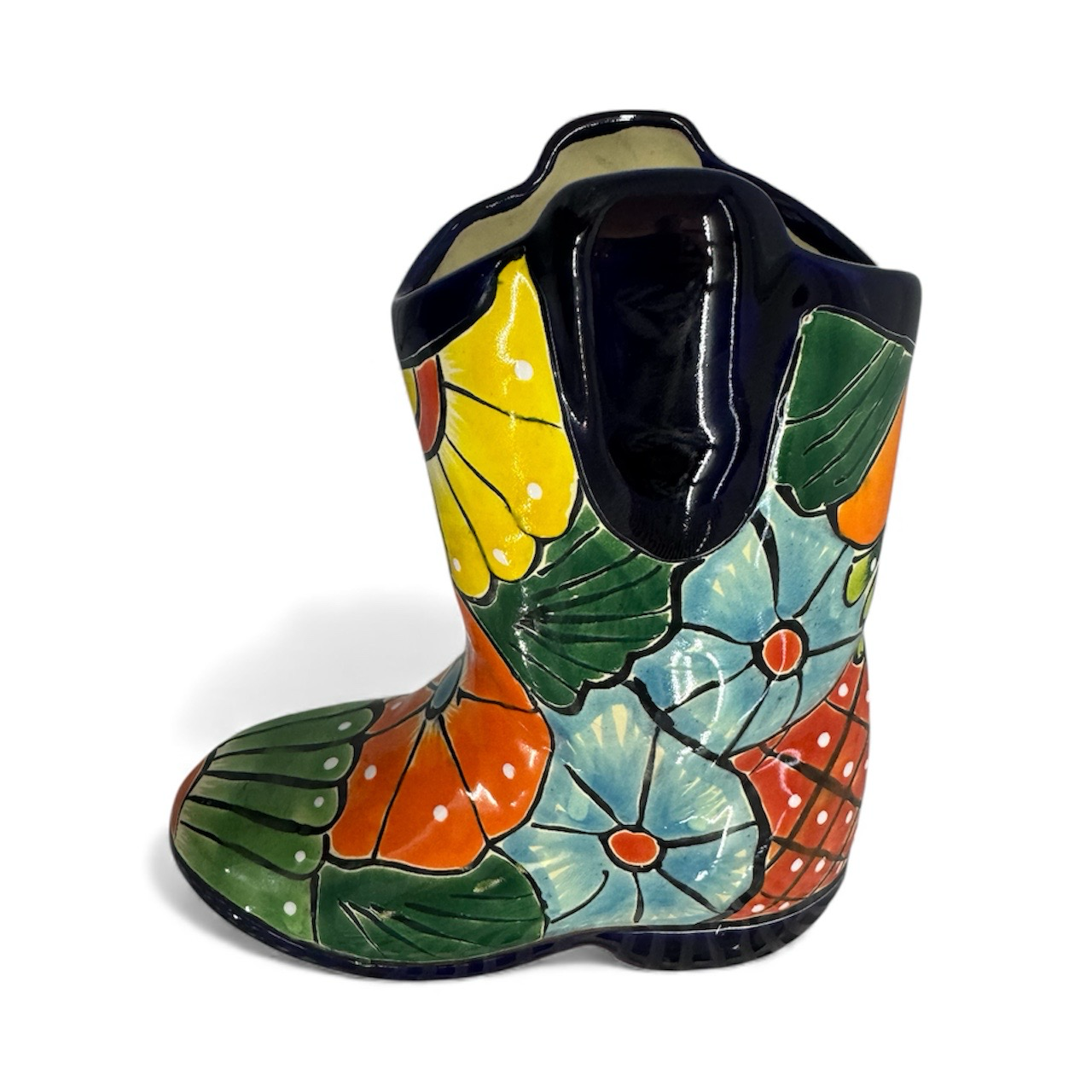 MEXICAN TALAVERA CERAMIC COWBOY BOOT VASE PLANTER POT - SMALL 20cm X 19cm
