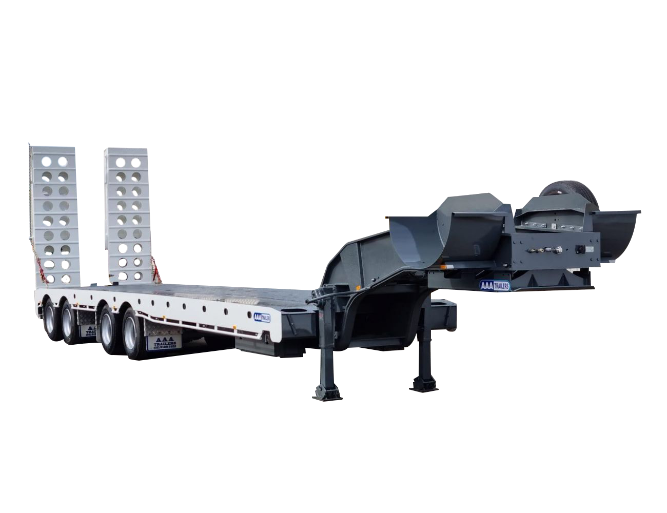 AAA TRAILERS QUAD AXLE LOW LOADER DECK WIDENER WITH FRONT LIFT-UP, REAR STEER AXLE AND BI-FOLD RAMPS